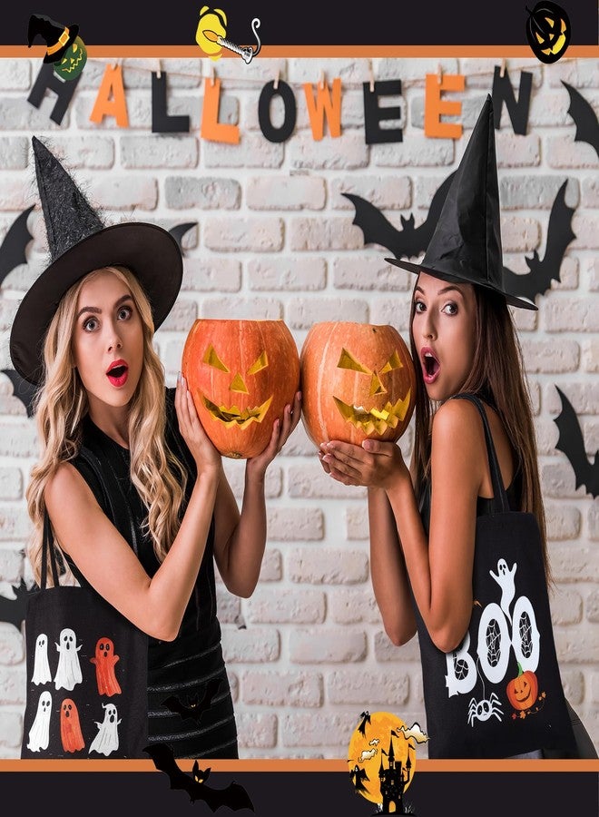 Yeyeplum 12 Pcs Large Halloween Canvas Tote Bags Bulk 15.75" Reusable Trick or Treat Goodie Candy Bags Pumpkin Boo Ghosts Black Cat Skull Castle Grocery Shopping Tote Gift for Halloween Party Supplies - Image 4
